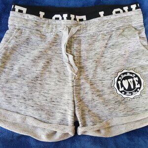 Cozy Heather Grey Sweat Shorts with Black Graphic Logo Waistband Accent Patch